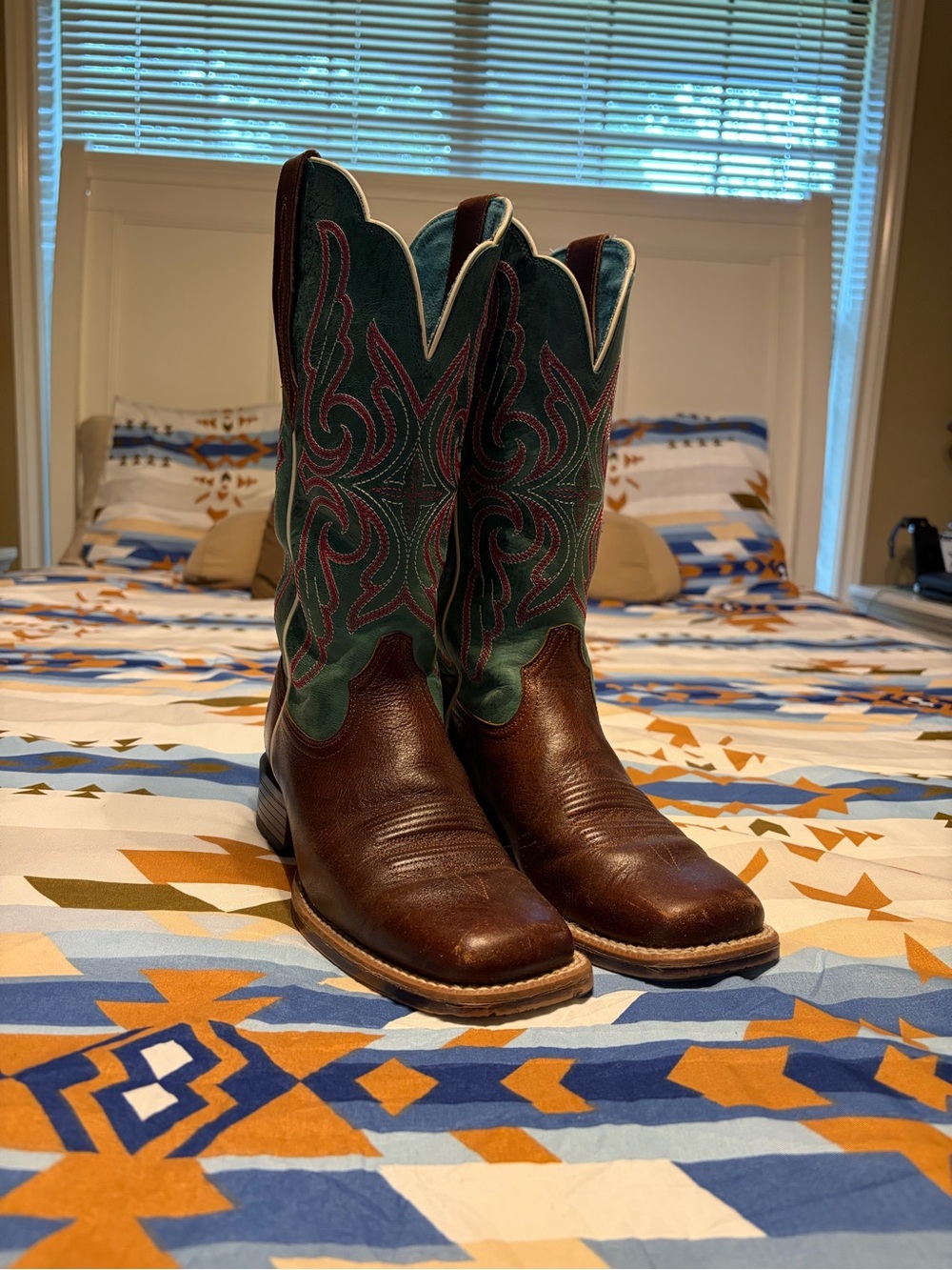 Ariat Brown Leather Cowboy Boots with Teal Shaft and Pink Stitching